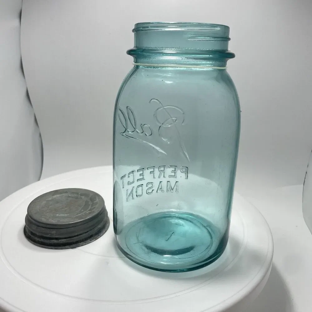 Vtg Ball Perfect Mason Green Glass Jar w Zinc Lid Wide Mouth Quart #1